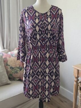 HOLDING HORSES Navy, Cream and Pink Patterned Long-Sleeve Dress